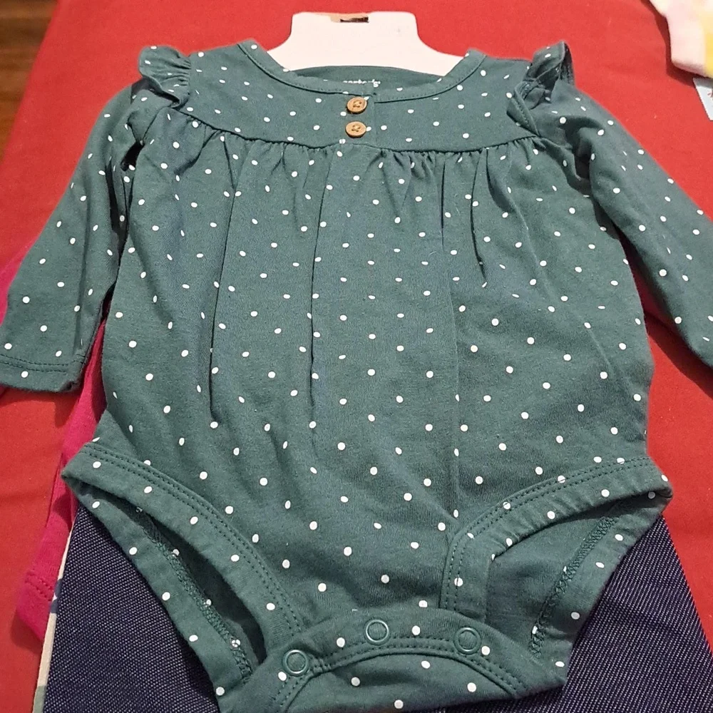 4pc Carter's Baby Floral Cup Shirt & Floral Pants, Green Dots Top & Jean Pants